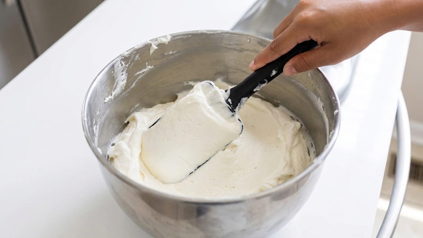 A hand using a flexible spatula to press and smooth buttercream against the side of a mixing bowl to remove air bubbles