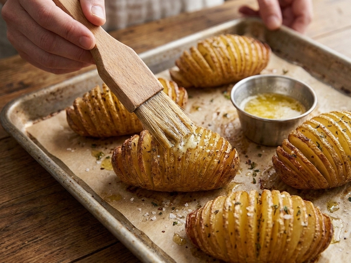 A hand using a pastry brush to baste partially roasted hasselback potatoes with melted butter in a metal baking pan