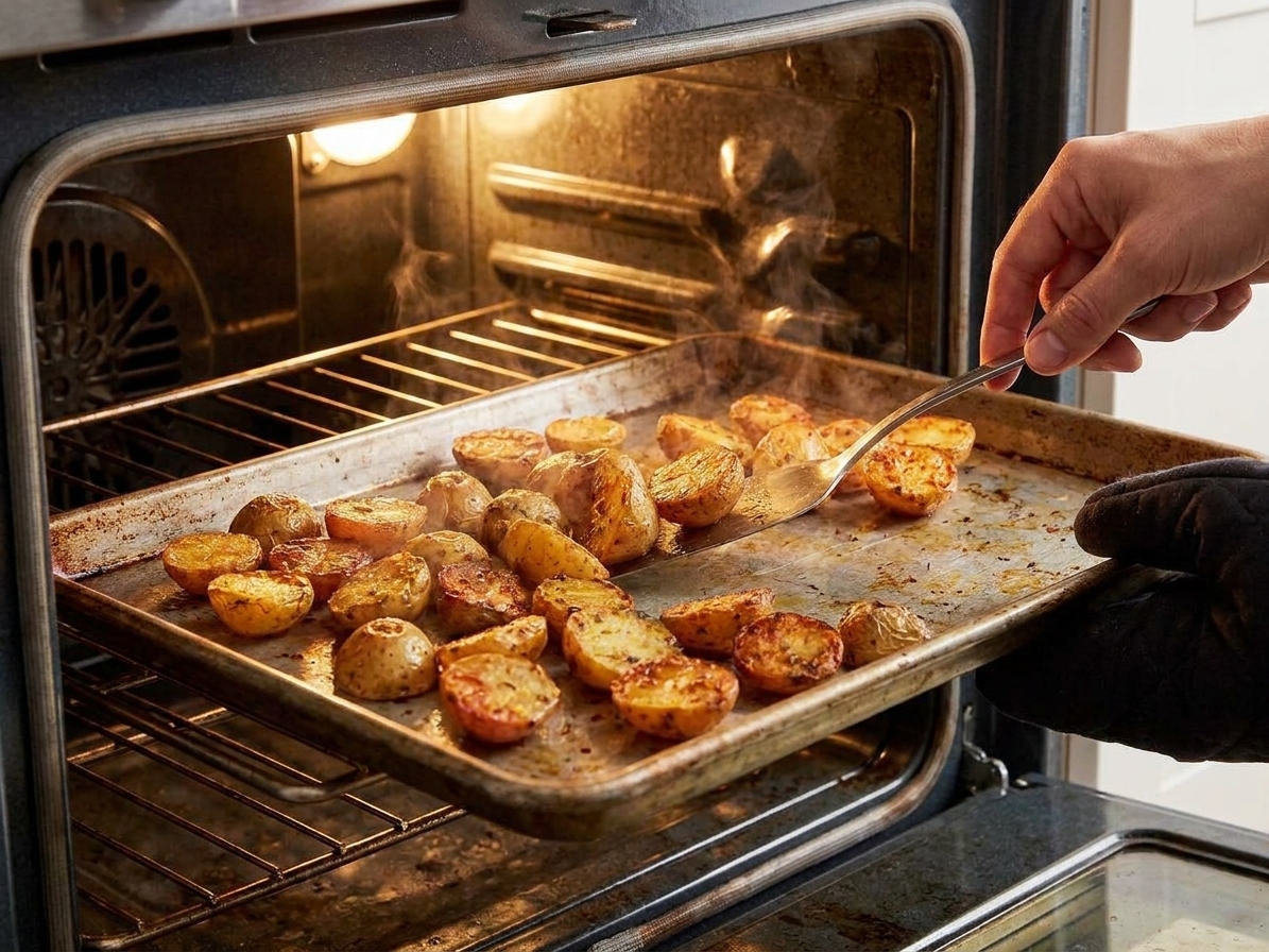 A hand using a thin metal spatula to flip browned potato chunks on a hot sheet pan in an oven door opening
