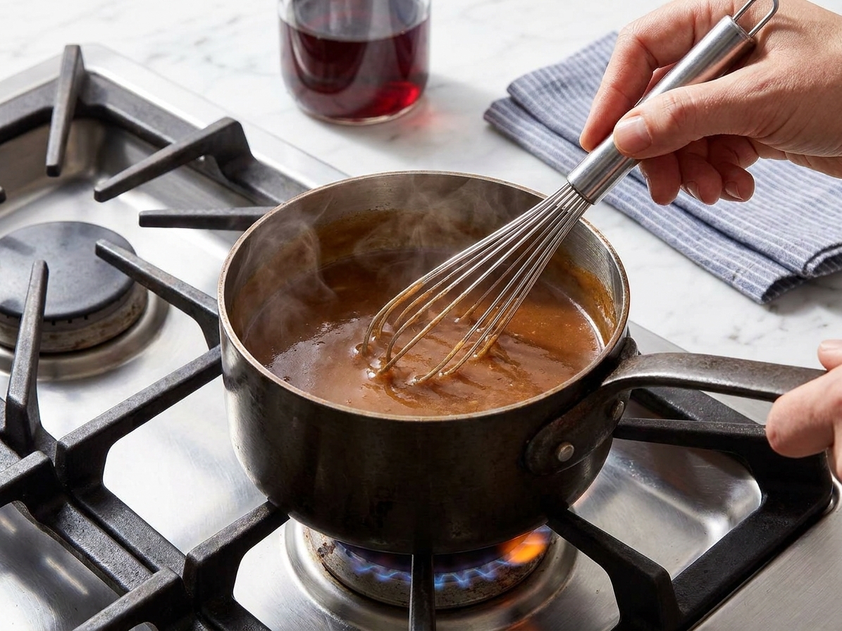 A hand whisking a glossy brown gravy in a small saucepan on the stove