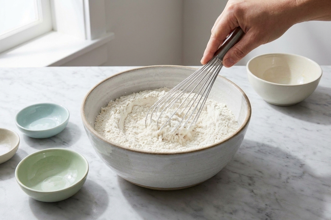 A hand whisking flour, sugar, salt, baking powder, and baking soda together in a large mixing bowl on a kitchen counter
