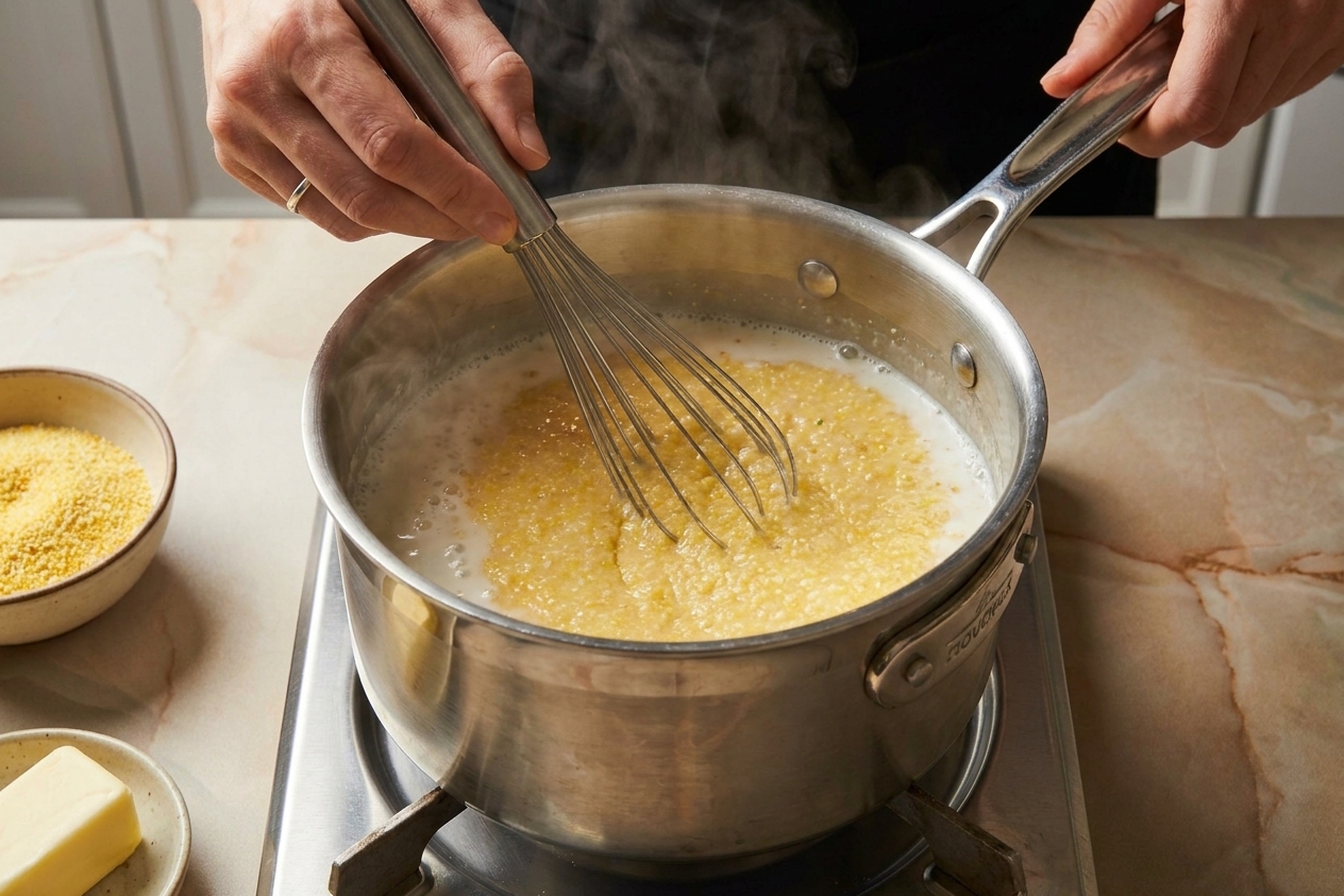 A hand whisking grits into simmering liquid in a saucepan on the stove
