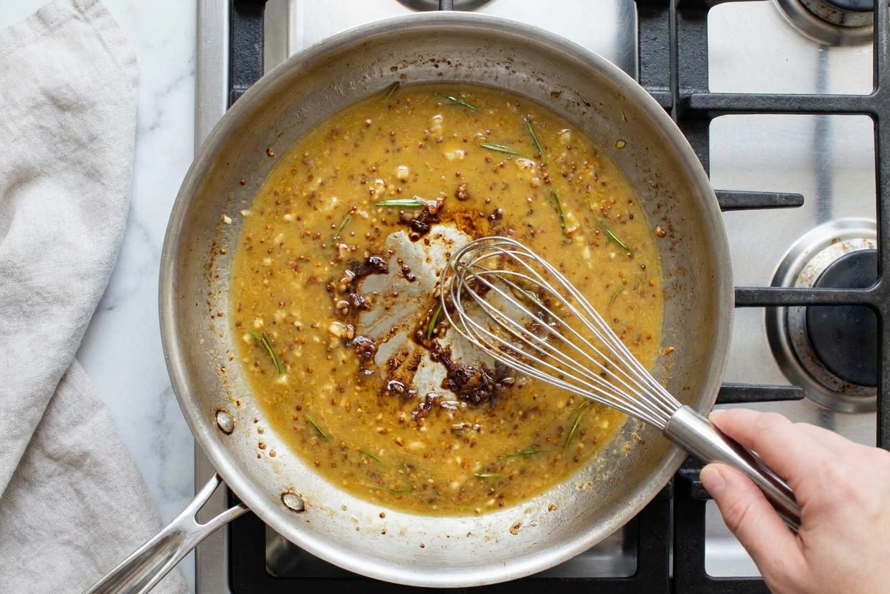 A hand whisking honey mustard sauce in a stainless steel skillet on a stovetop, with browned bits being scraped from the pan