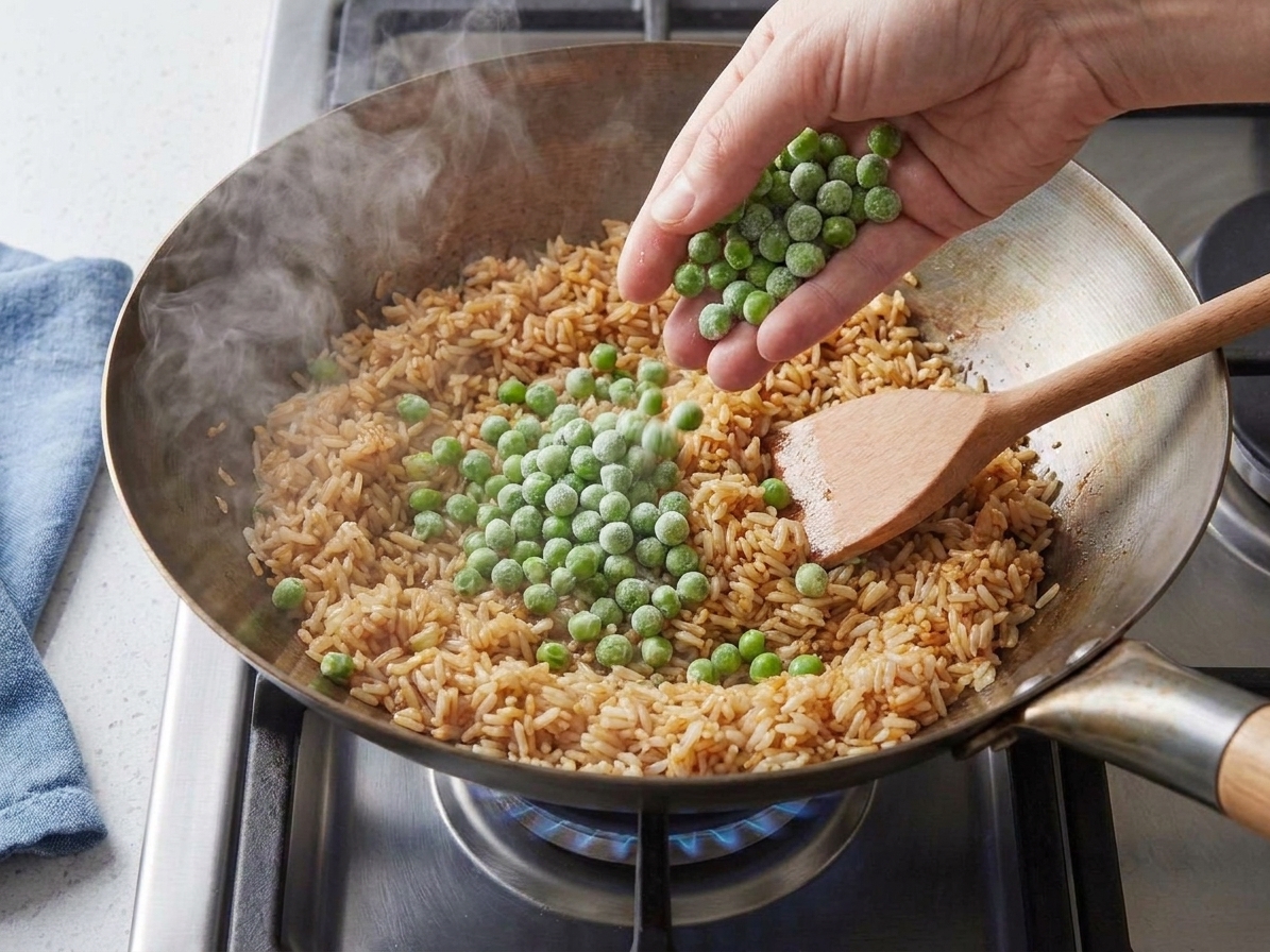 A handful of frozen peas being sprinkled into a pan of fried rice mid-cook