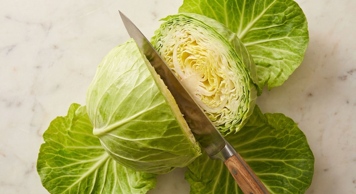 A head of green cabbage cut into thick wedges with a chef’s knife and scattered outer leaves