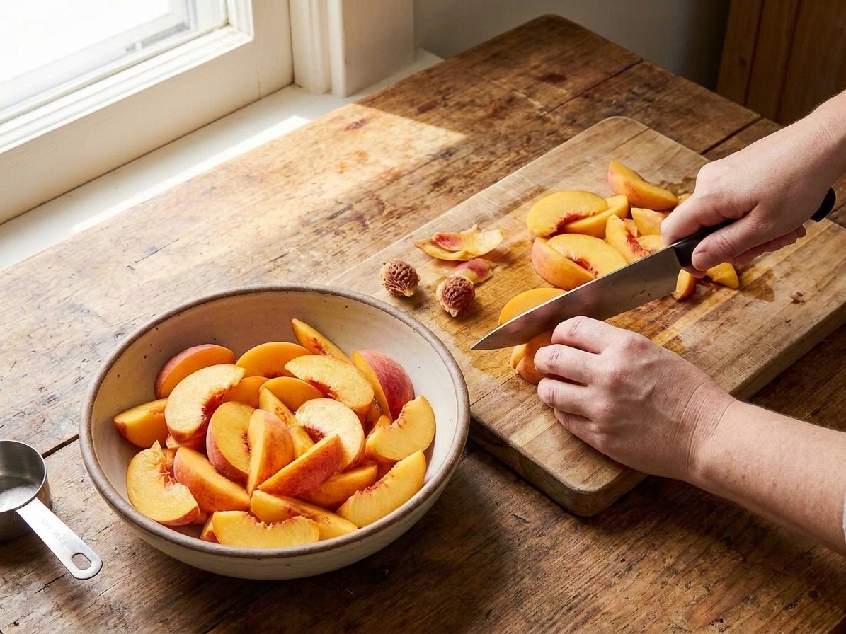 A home cook slicing ripe peaches on a cutting board next to a mixing bowl on a sunlit kitchen counter