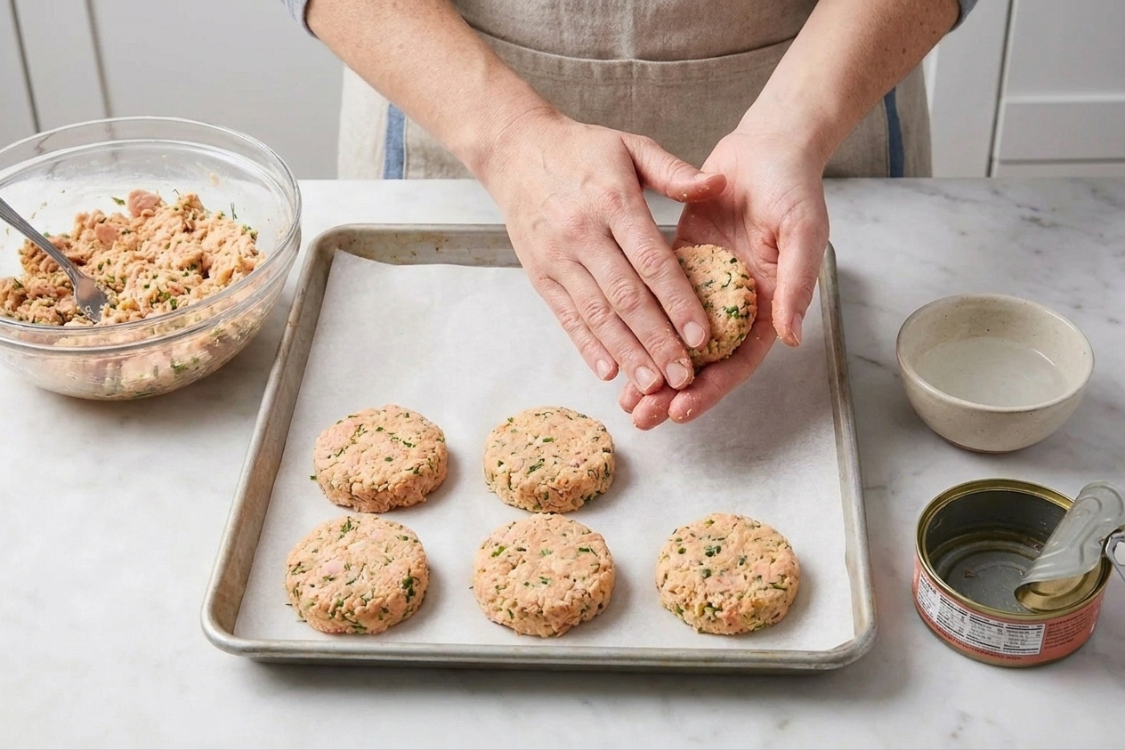A home cook's hands shaping salmon patties on a parchment-lined baking sheet in a bright kitchen