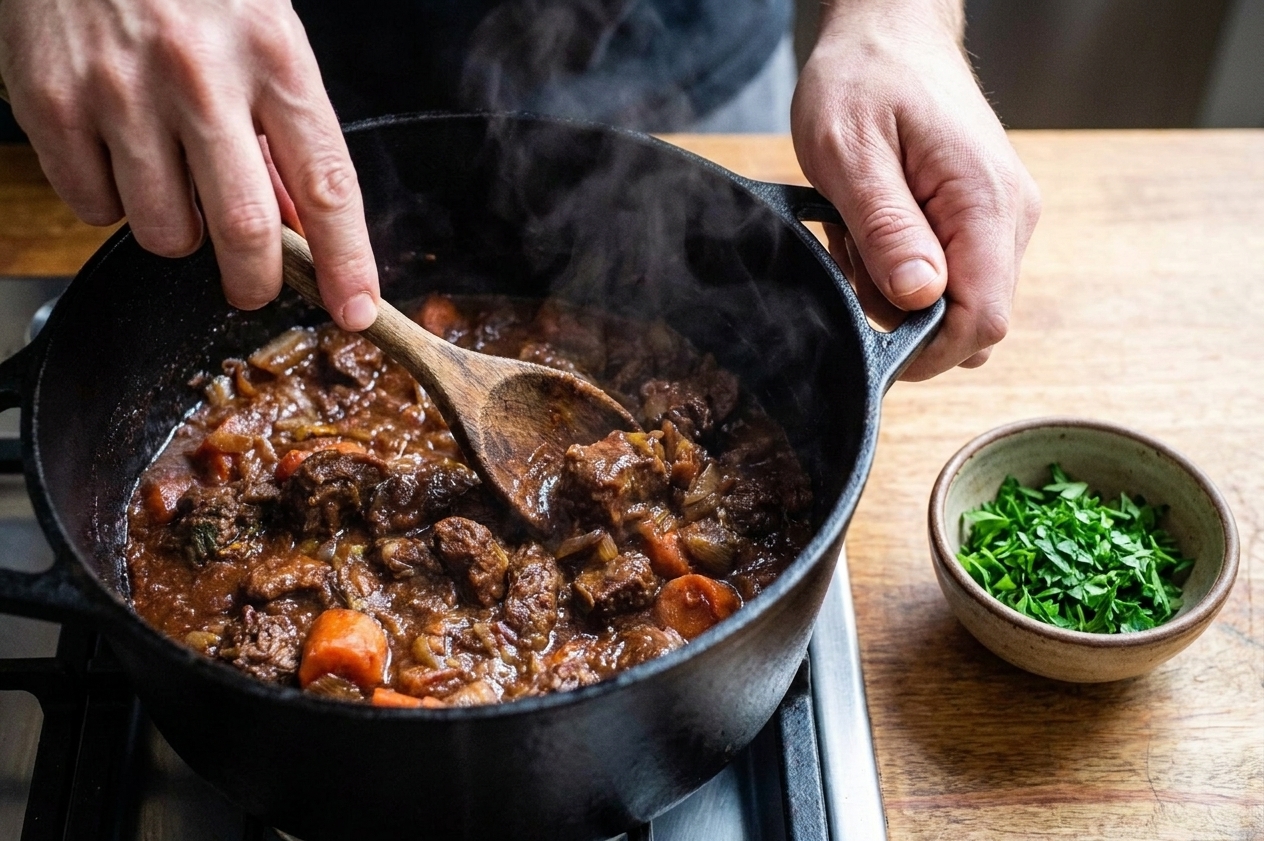A home cook's hands stirring a pot of beef stew with a wooden spoon on a stove, with a small bowl of chopped parsley nearby