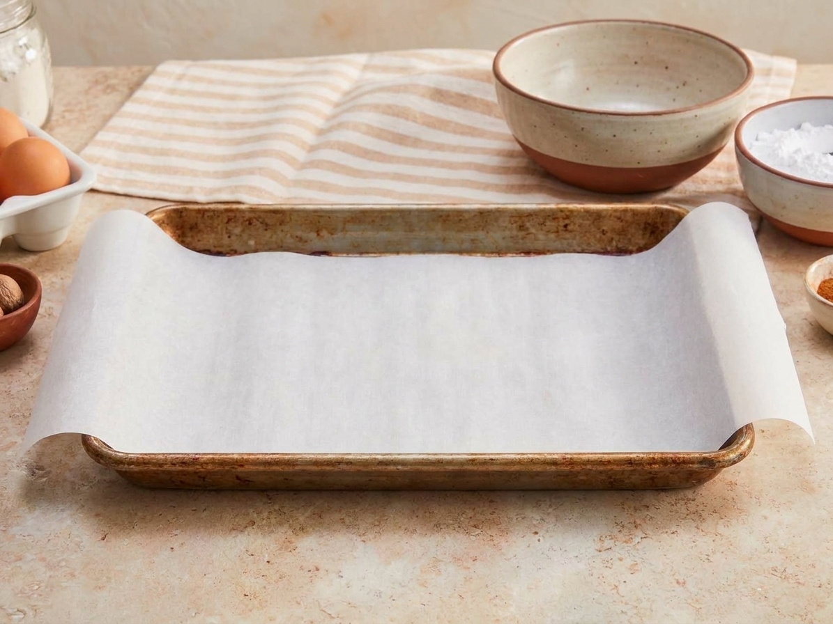 A jelly roll pan lined with parchment paper with an overhang on two sides on a baking counter