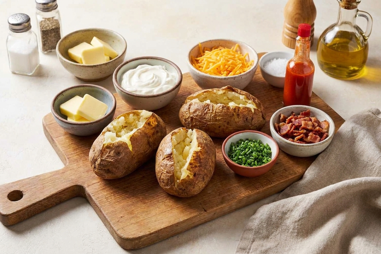 A kitchen counter set up with baked potatoes and small bowls of toppings like butter, sour cream, shredded cheddar, chives, bacon, and hot sauce