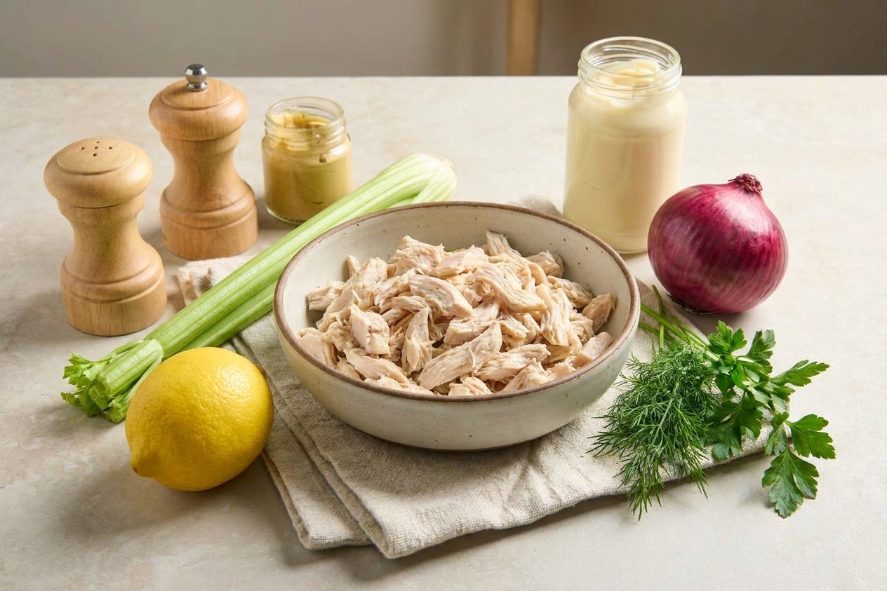 A kitchen counter with a bowl of shredded chicken, a lemon, celery, red onion, mayonnaise, Dijon mustard, salt, pepper, and fresh herbs laid out for chicken salad