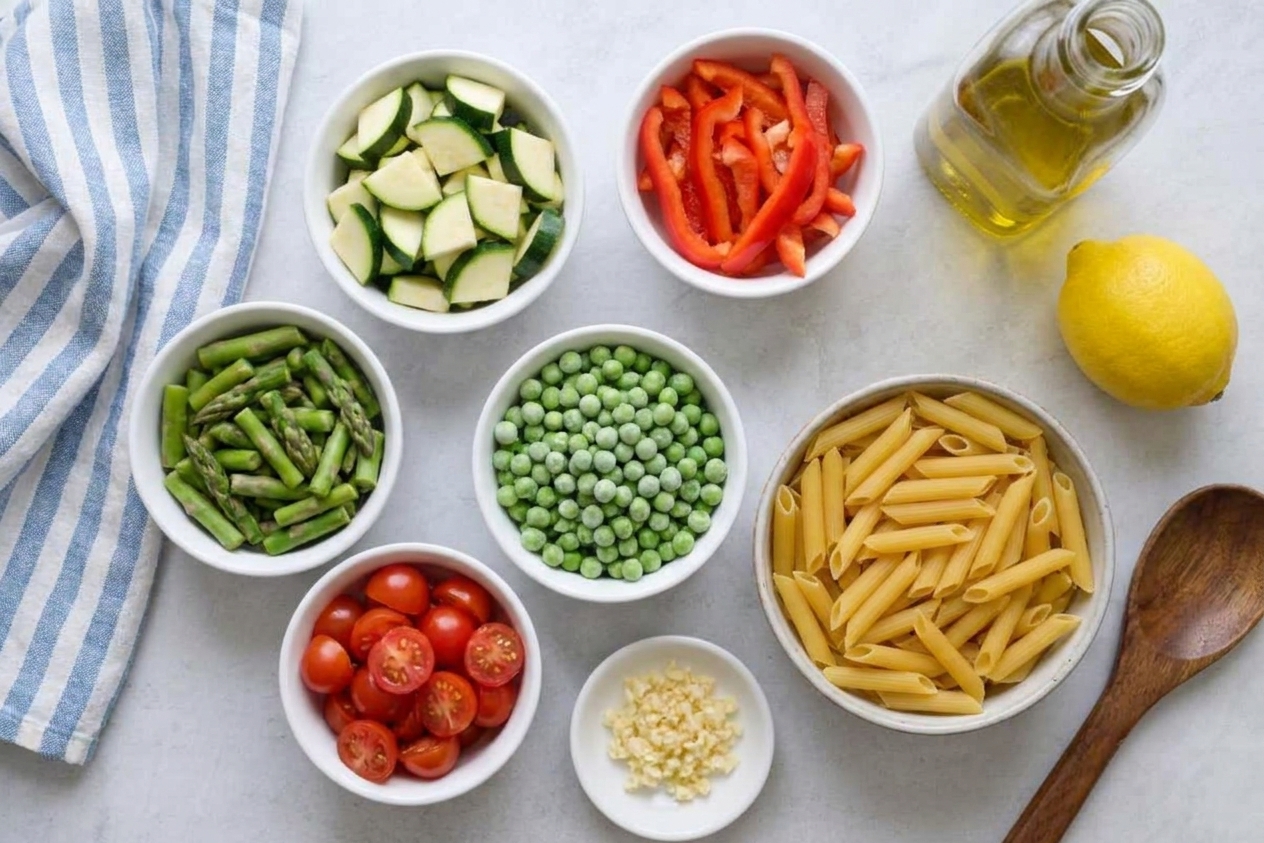 A kitchen counter with bowls of chopped zucchini, sliced bell pepper, asparagus pieces, peas, halved cherry tomatoes, minced garlic, lemon, Parmesan, olive oil, and dried pasta