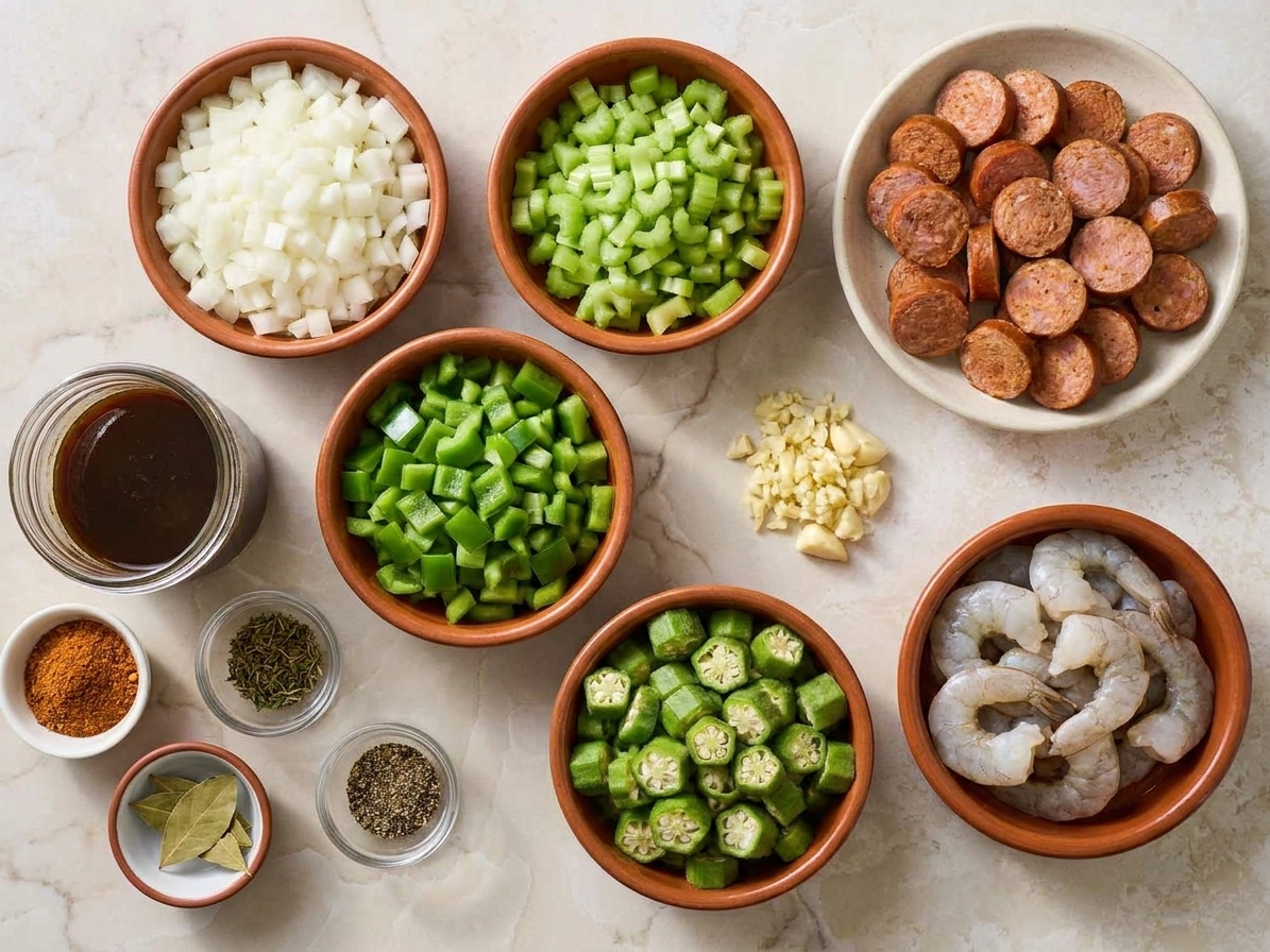 A kitchen counter with bowls of diced onion, celery, and green bell pepper, plus garlic, okra, shrimp, stock, and spices arranged for cooking