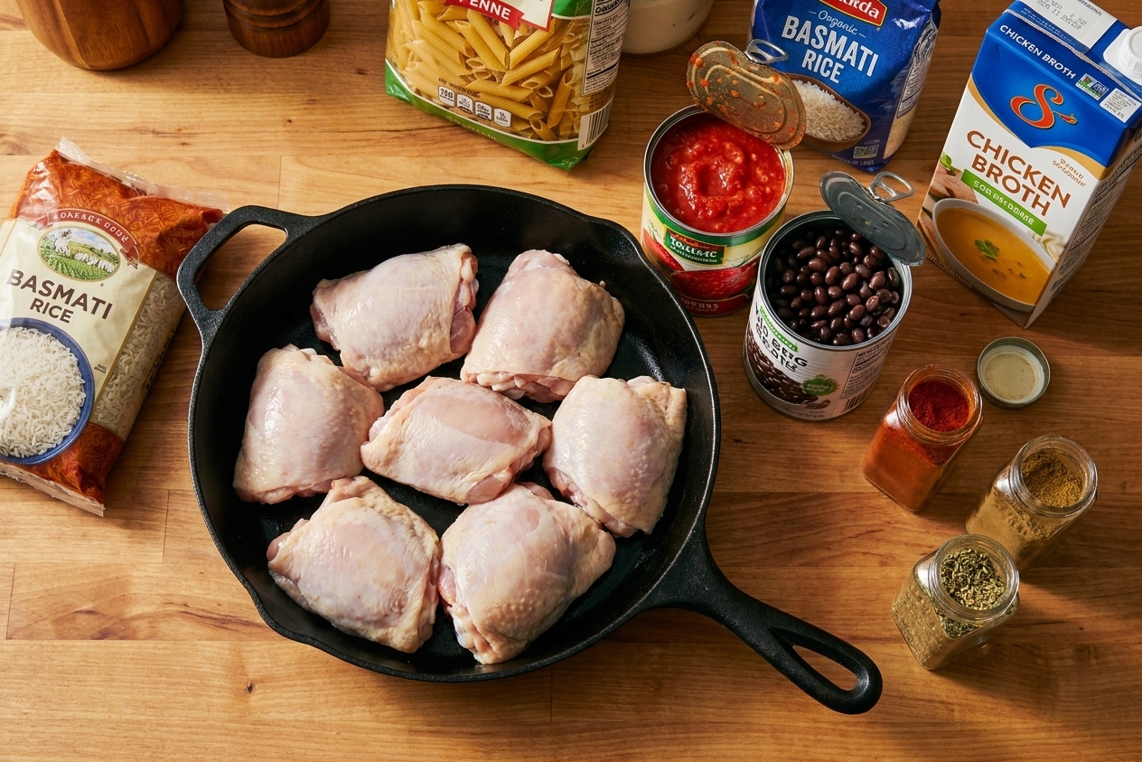A kitchen counter with canned tomatoes, canned beans, pasta, rice, broth, and spices arranged next to raw chicken thighs