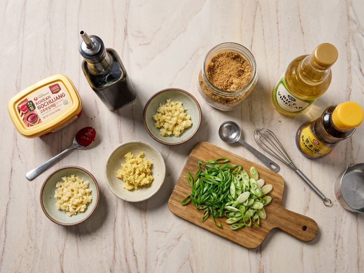 A kitchen counter with gochujang, soy sauce, minced garlic, grated ginger, brown sugar, rice vinegar, sesame oil, and sliced scallions arranged for cooking