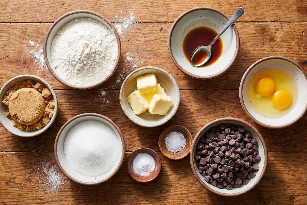 A kitchen counter with measured flour, brown sugar, white sugar, butter, eggs, vanilla, baking soda, salt, and chocolate chips in small bowls