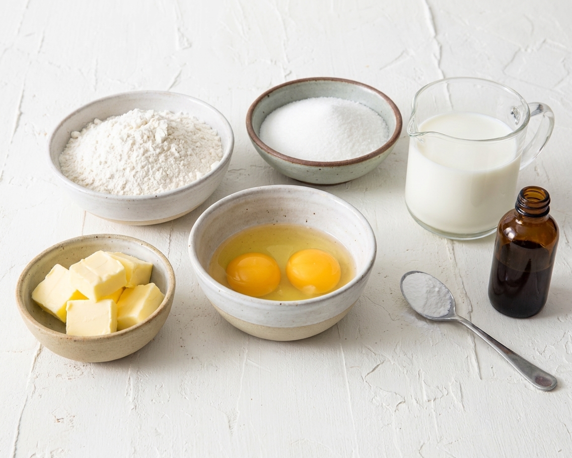 A kitchen counter with measured vanilla cake ingredients in small bowls, including flour, sugar, butter, eggs, milk, baking powder, and vanilla