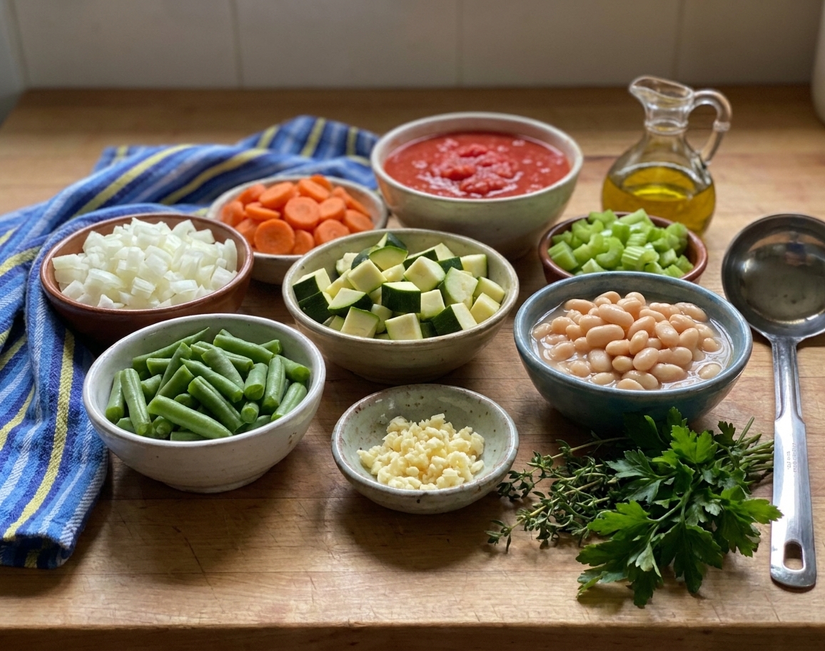 A kitchen counter with prepped soup ingredients in small bowls: diced onion, sliced carrots, chopped celery, zucchini chunks, green beans, minced garlic, canned white beans, crushed tomatoes, olive oil, and fresh herbs