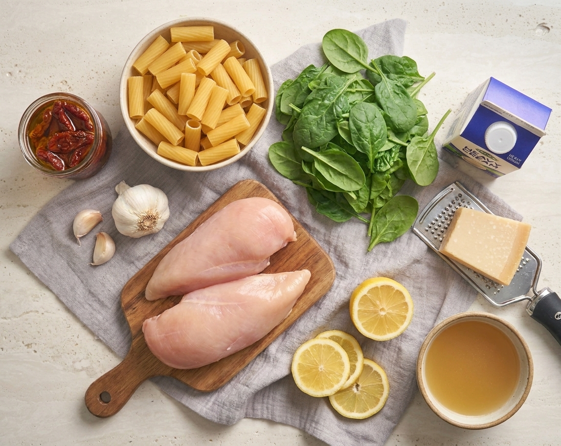 A kitchen counter with raw chicken breasts, dry pasta, baby spinach, sun-dried tomatoes in oil, garlic, heavy cream, parmesan, lemon, and a small bowl of chicken broth