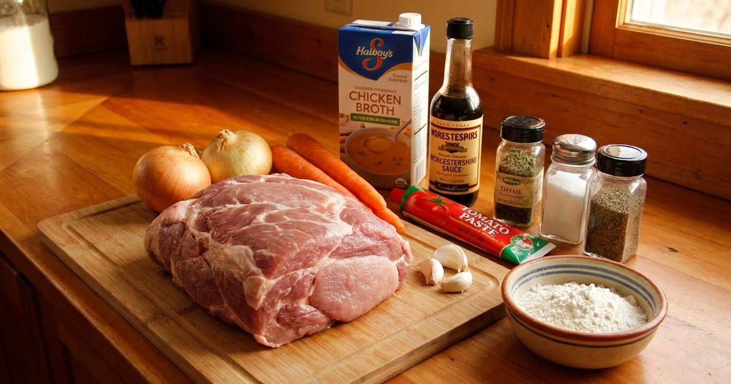 A kitchen counter with raw pork shoulder, onions, carrots, garlic, chicken broth, Worcestershire sauce, tomato paste, dried thyme, salt, pepper, and a small bowl of flour