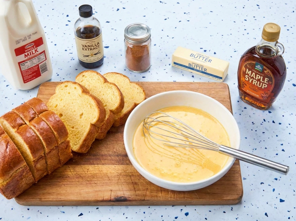 A kitchen counter with sliced brioche, eggs, milk, vanilla extract, cinnamon, butter, and maple syrup arranged for making French toast