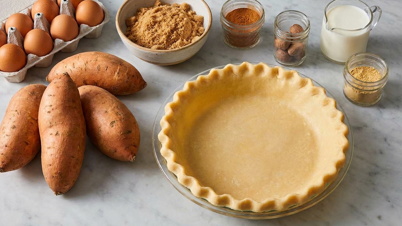 A kitchen counter with whole sweet potatoes, eggs, brown sugar, cinnamon, nutmeg, ginger, cream, and a rolled pie crust ready for baking