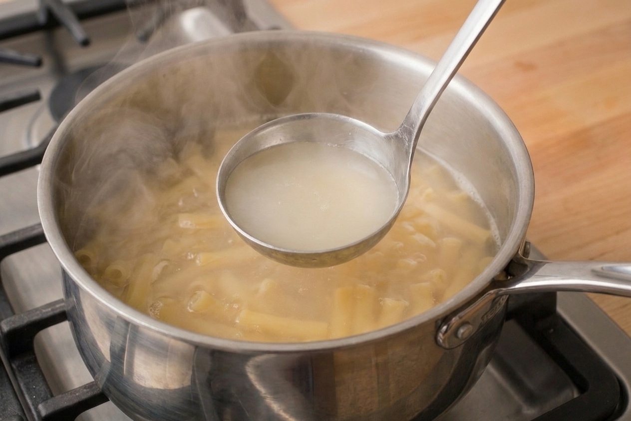 A ladle lifting cloudy starchy pasta water from a pot of boiling pasta on a stovetop