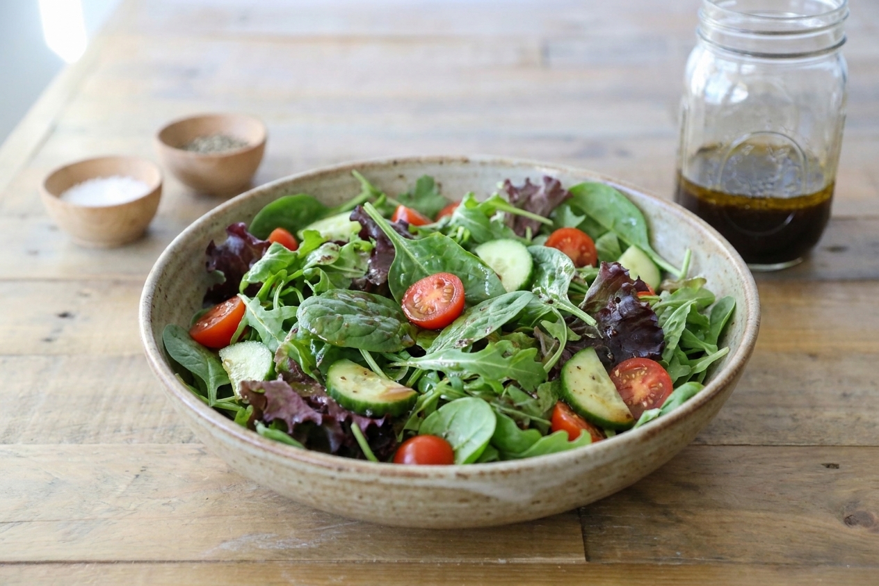 A large bowl of mixed greens salad with cherry tomatoes and cucumbers lightly dressed with balsamic vinaigrette