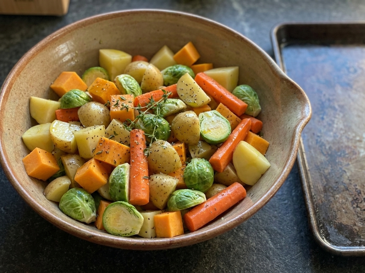 A large mixing bowl of cut vegetables lightly coated with olive oil, ready to be spread on a sheet pan