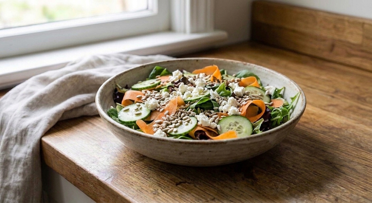A large serving bowl of mixed greens with cucumbers, shaved carrots, sunflower seeds, and crumbled feta on a wooden table