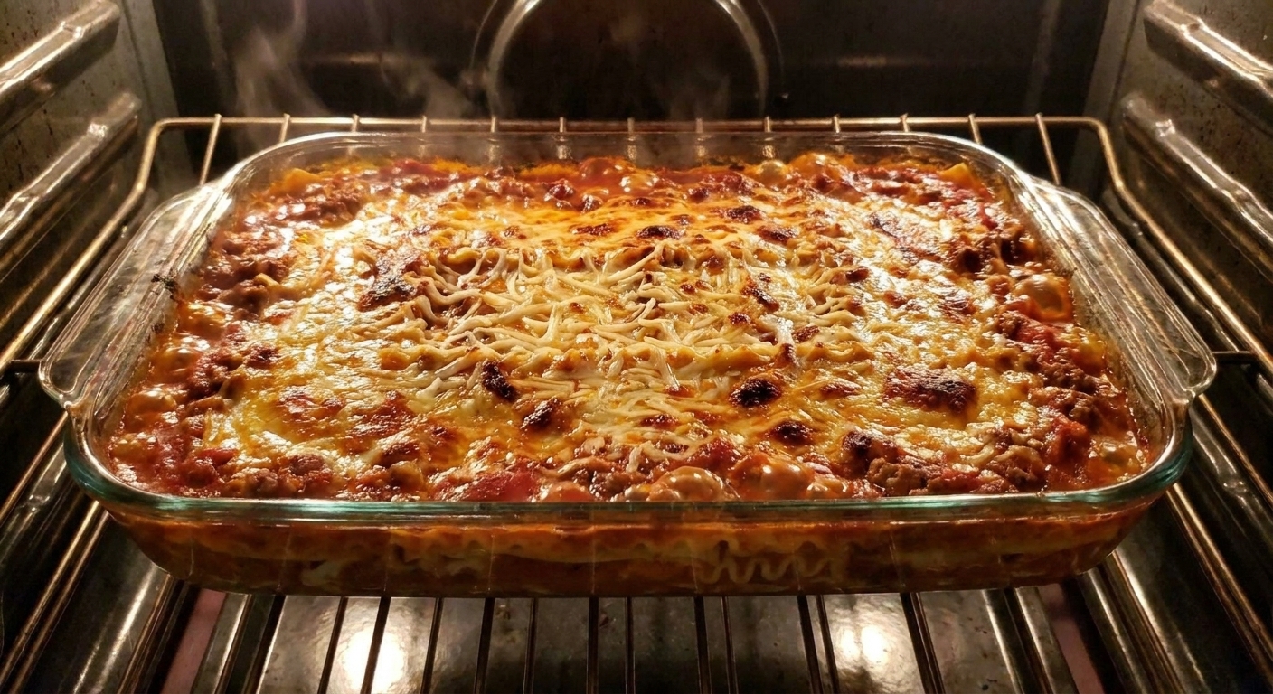 A lasagna baking in the oven with browned cheese on top and sauce bubbling around the edges in a casserole dish