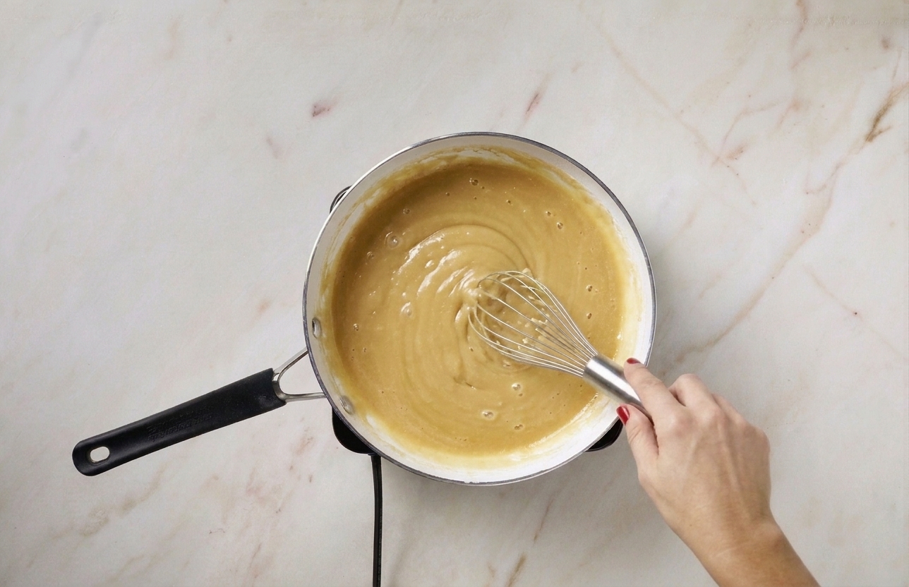 A light golden blond roux in a saucepan, thick and glossy as it is stirred