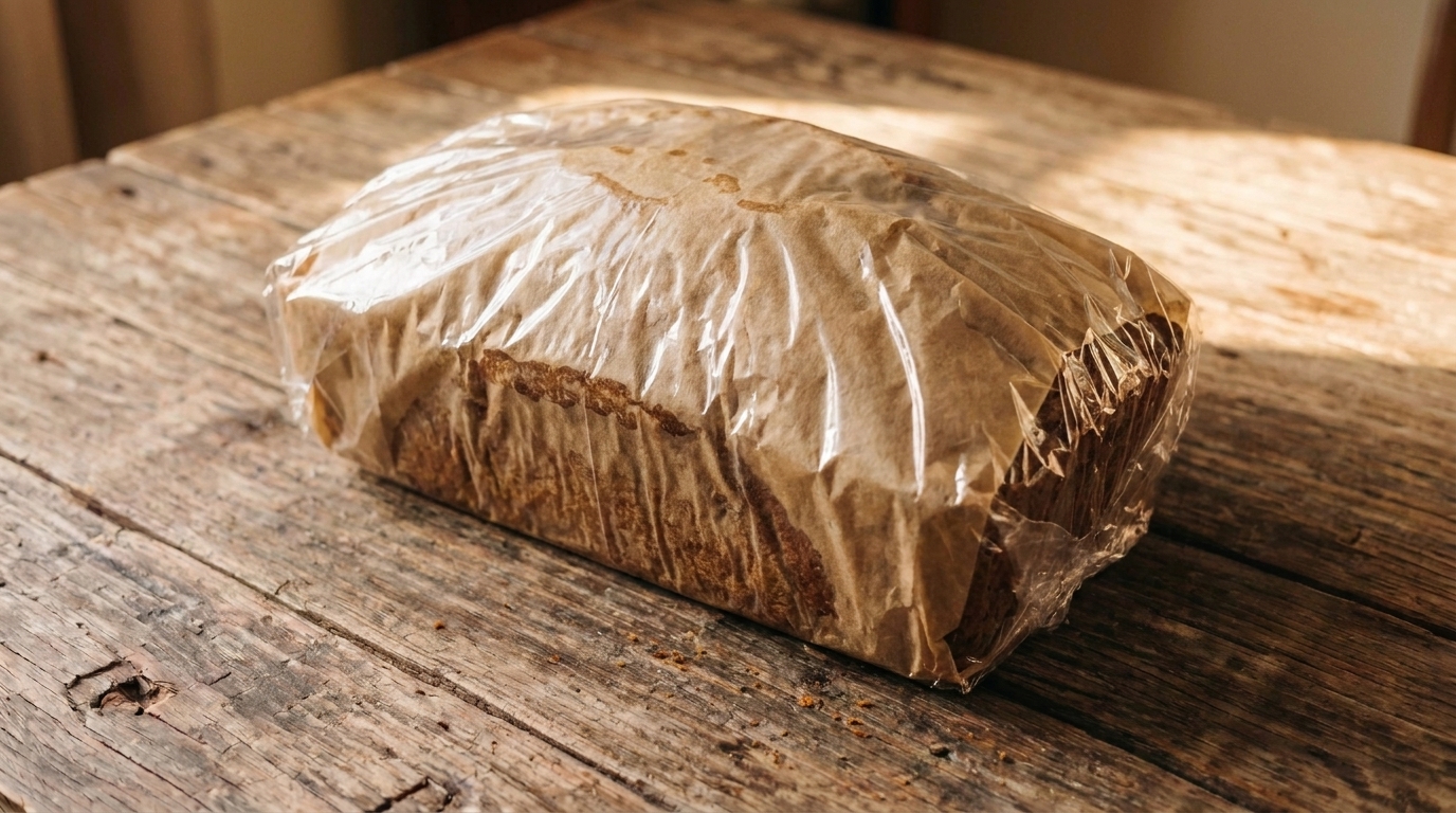 A loaf of pumpkin bread wrapped tightly in parchment and plastic wrap on a kitchen counter