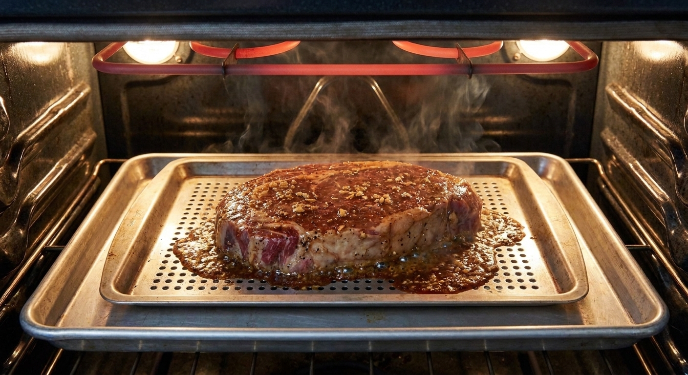 A marinated London broil steak on a broiler pan set on a rimmed sheet tray, positioned under an oven broiler