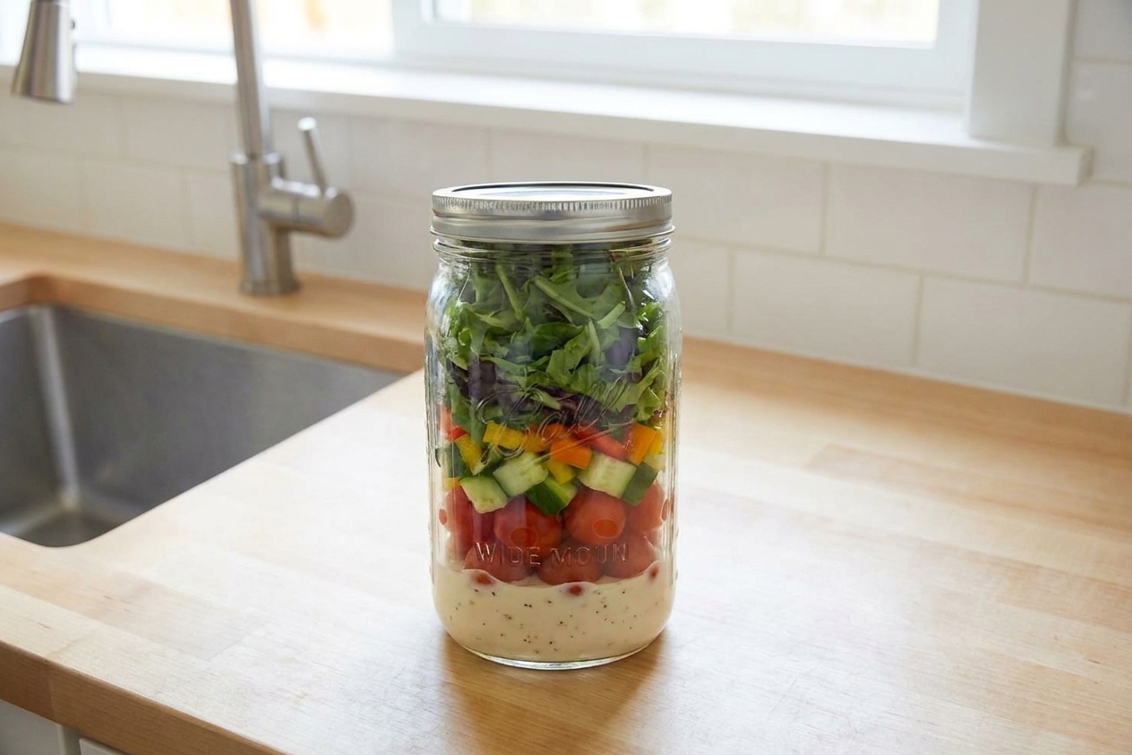 A mason jar salad on a counter showing clear layers with dressing at the bottom and leafy greens at the top