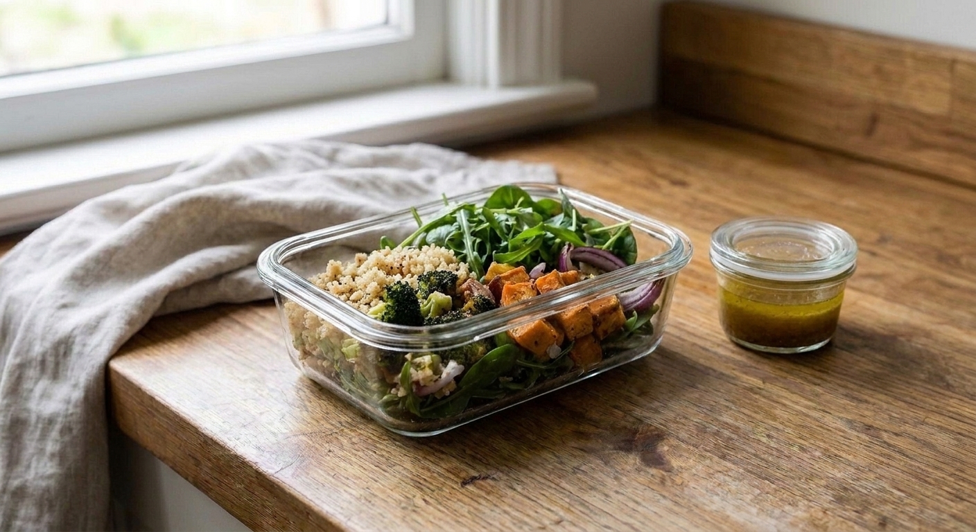 A meal prep salad container with greens and vegetables beside a small lidded cup of vinaigrette on a kitchen counter