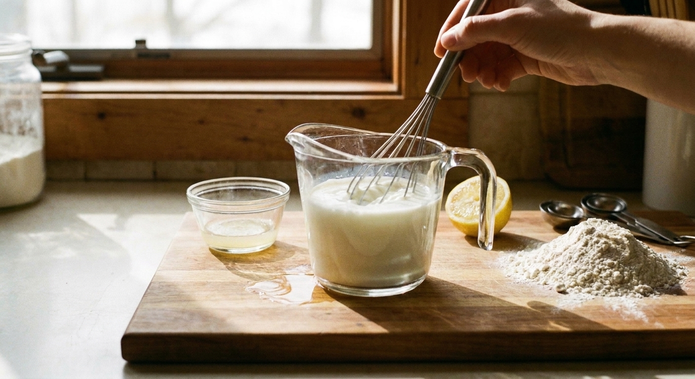 A measuring cup of milk being stirred with vinegar on a countertop, with a small puddle of vinegar visible in the bottom