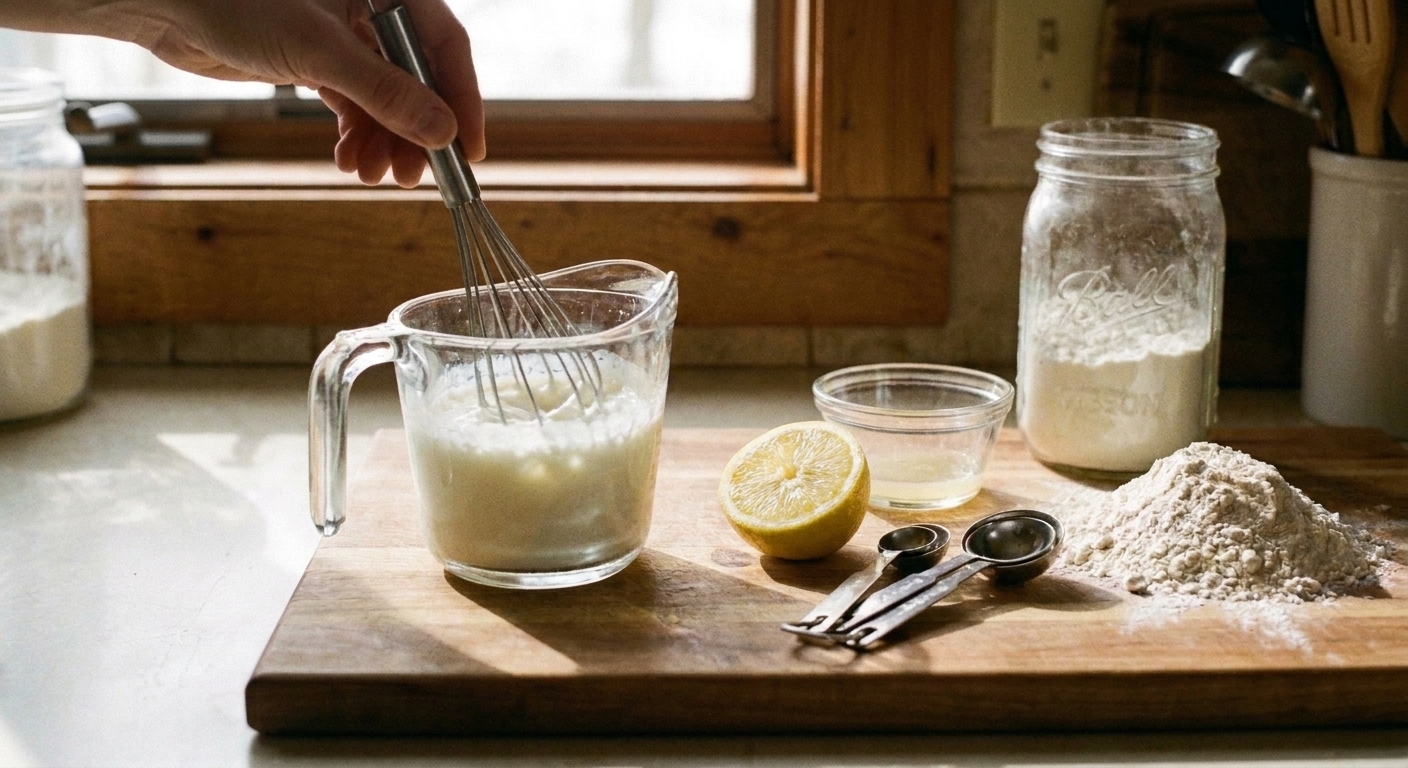 A measuring cup of oat milk with lemon juice being stirred, with a lemon half and measuring spoons on the counter