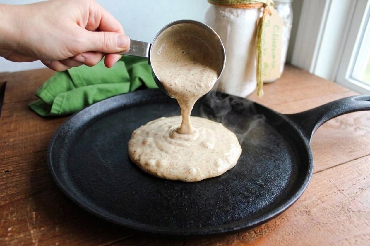 A measuring cup pouring pancake batter onto a hot griddle