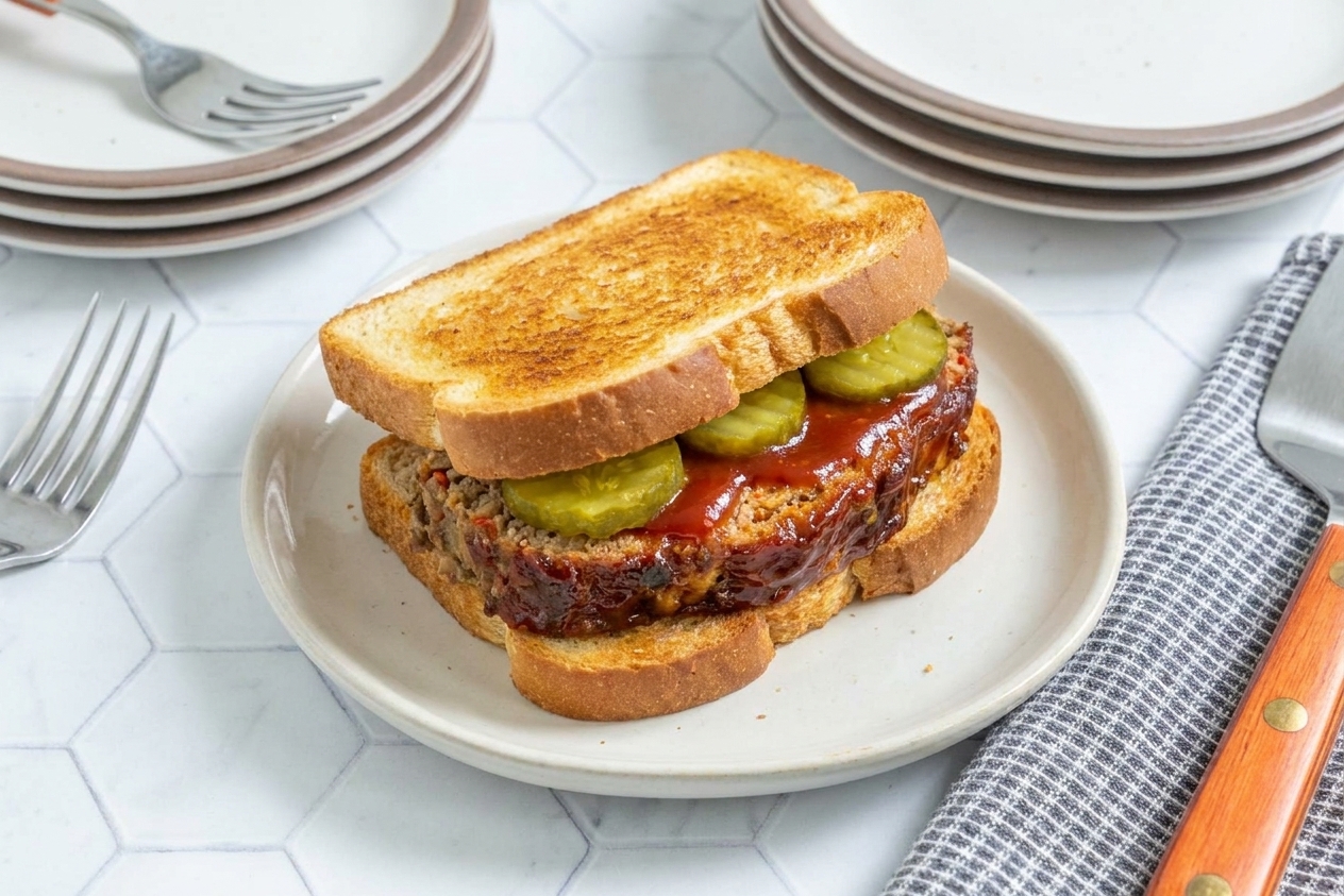 A meatloaf sandwich on toasted bread with pickles and a smear of ketchup glaze on a small plate