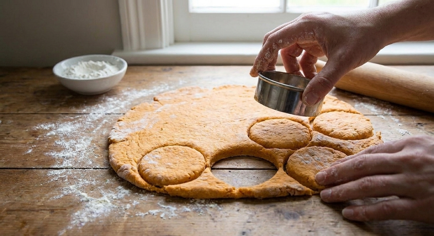 A metal biscuit cutter cutting rounds from sweet potato biscuit dough on a floured countertop