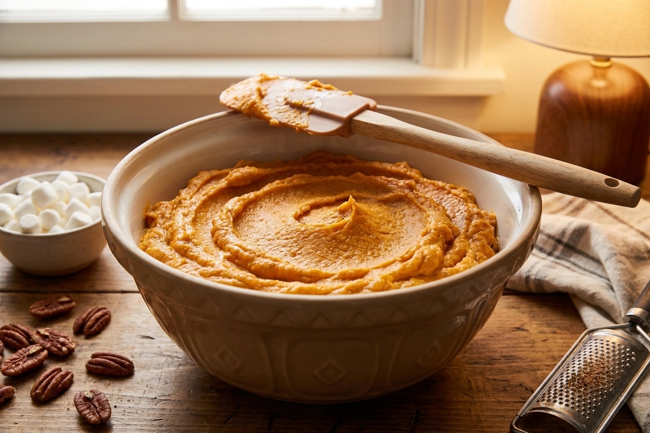 A mixing bowl filled with whipped sweet potato mash, with a spatula resting on the rim on a kitchen counter