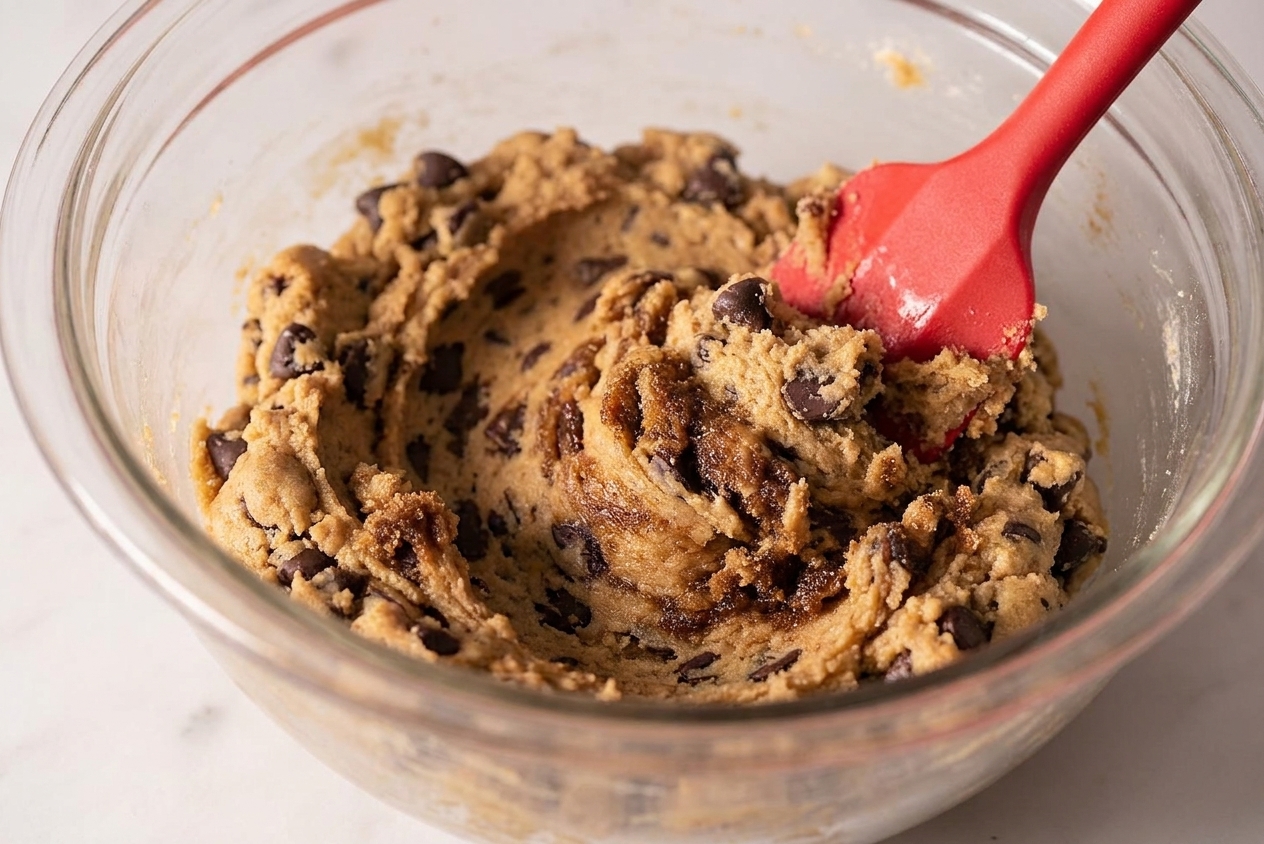 A mixing bowl of chocolate chip cookie dough being stirred with a silicone spatula, with visible streaks of brown sugar and chocolate chunks