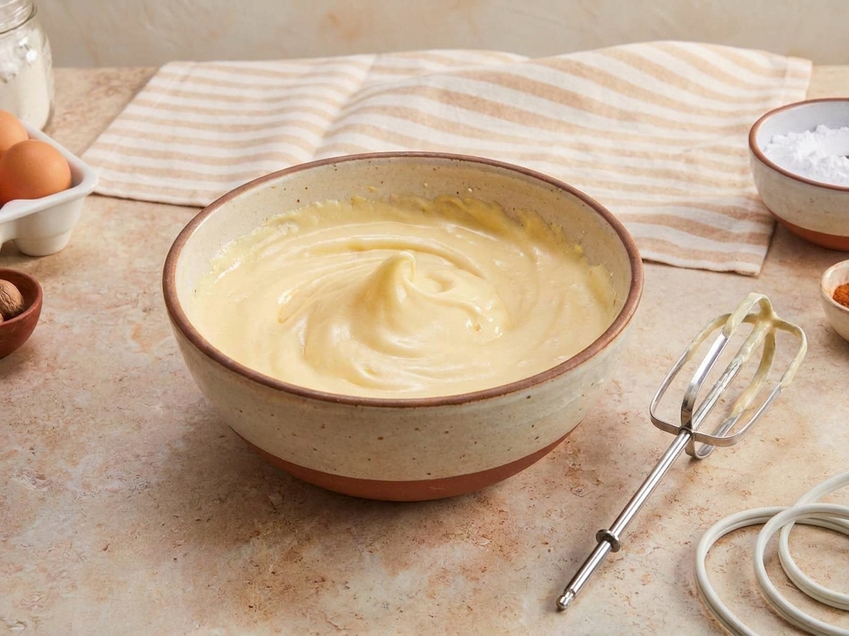 A mixing bowl of pale, thick whipped eggs and sugar with a hand mixer resting nearby