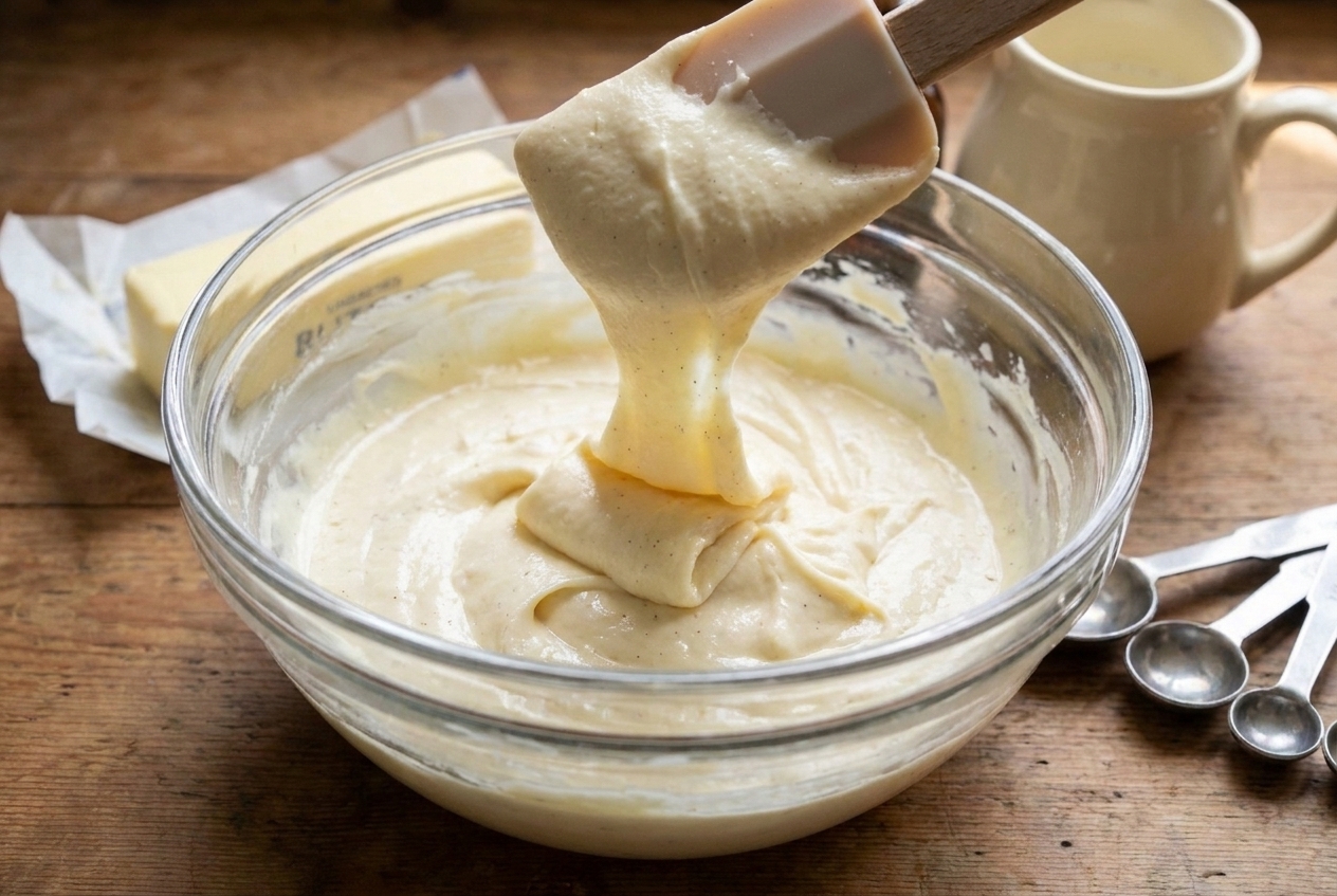 A mixing bowl of slightly runny vanilla buttercream with a spatula lifting a ribbon that falls back quickly
