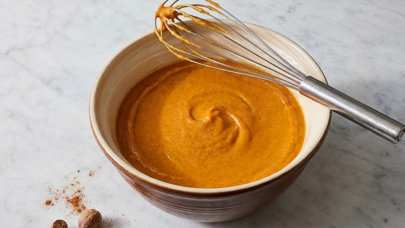 A mixing bowl of smooth sweet potato pie filling with a whisk resting on the rim