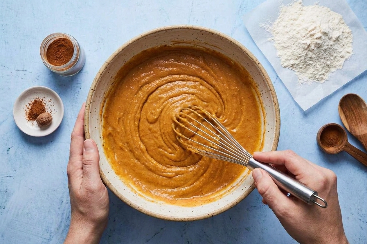 A mixing bowl of sweet potato cake batter being whisked until smooth, with flour and spices nearby.