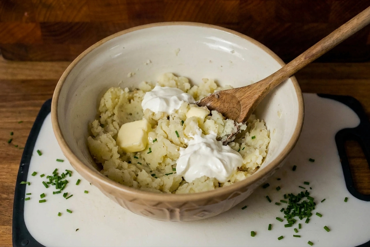 A mixing bowl with scooped baked potato flesh being mashed with butter and sour cream, with a wooden spoon and scattered chives on the counter
