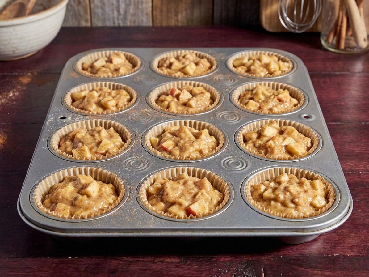 A muffin tin filled with cinnamon apple muffin batter, each cup nearly full, on a kitchen counter