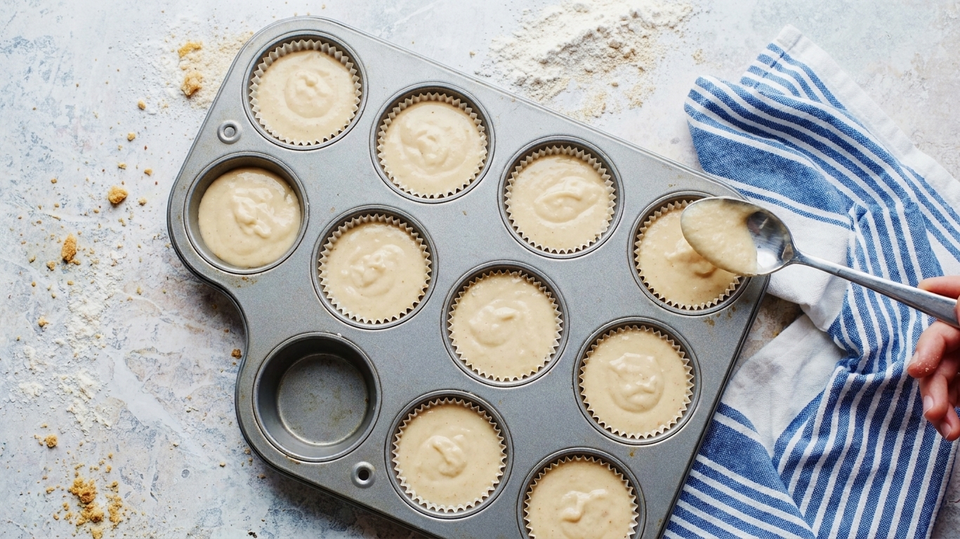 A muffin tin filled with pale vanilla cupcake batter, with a spoon resting on the rim and a kitchen towel nearby